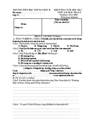 Đề kiểm tra cuối học kì I môn Lịch sử-địa lí Lớp 4 - Năm học 2021-2022